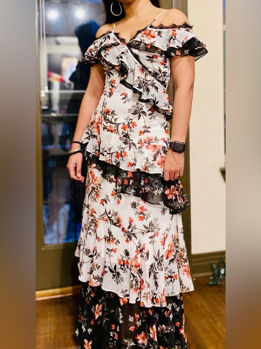 Floral Tiered Ruffle Maxi Dress in White with Coral & Black Accents